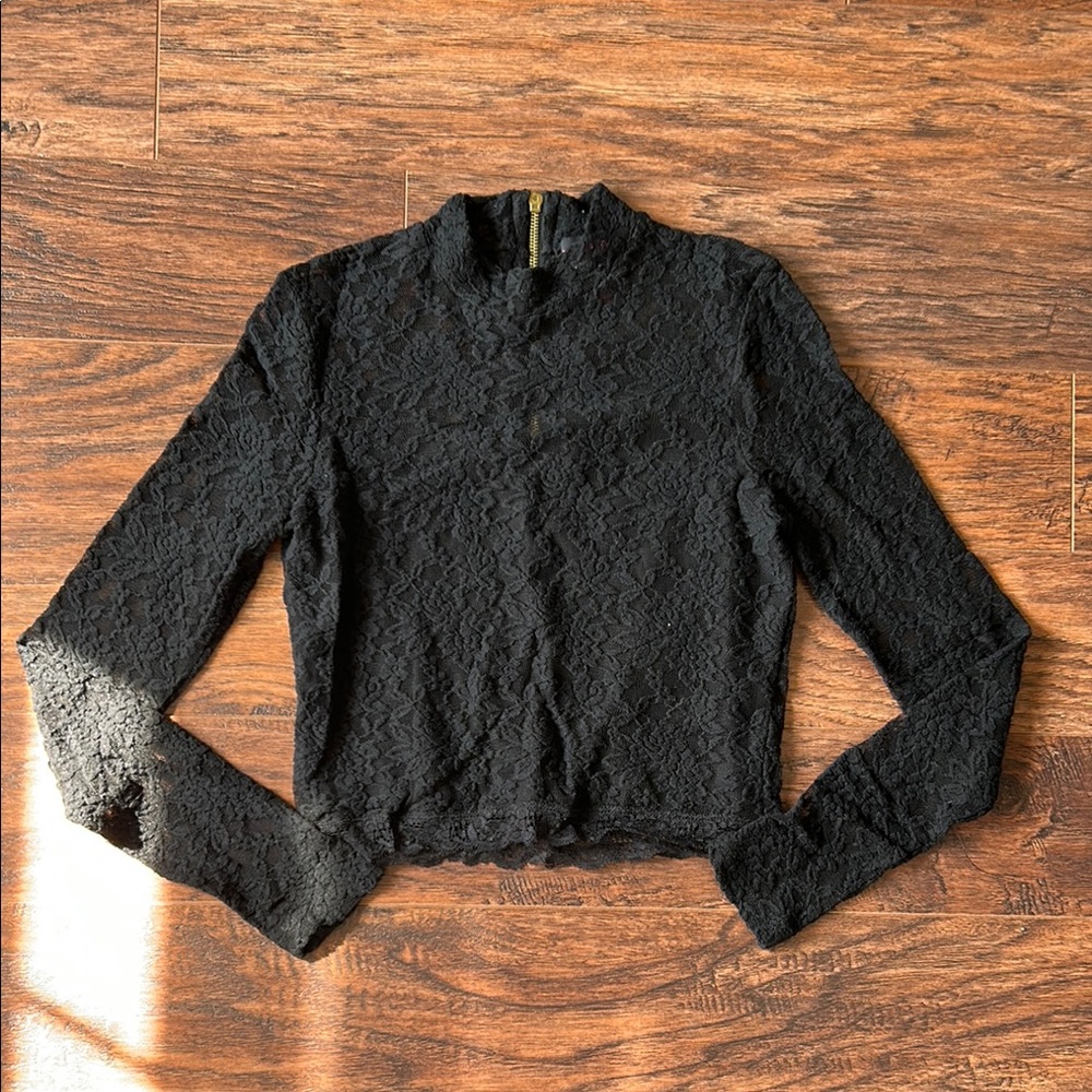 Material Girl Black Long Sleeve Crop Blouse with Mandarin Collar
